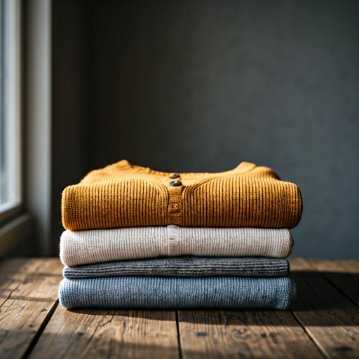 Neatly folded warm clothing on a rustic wooden table
